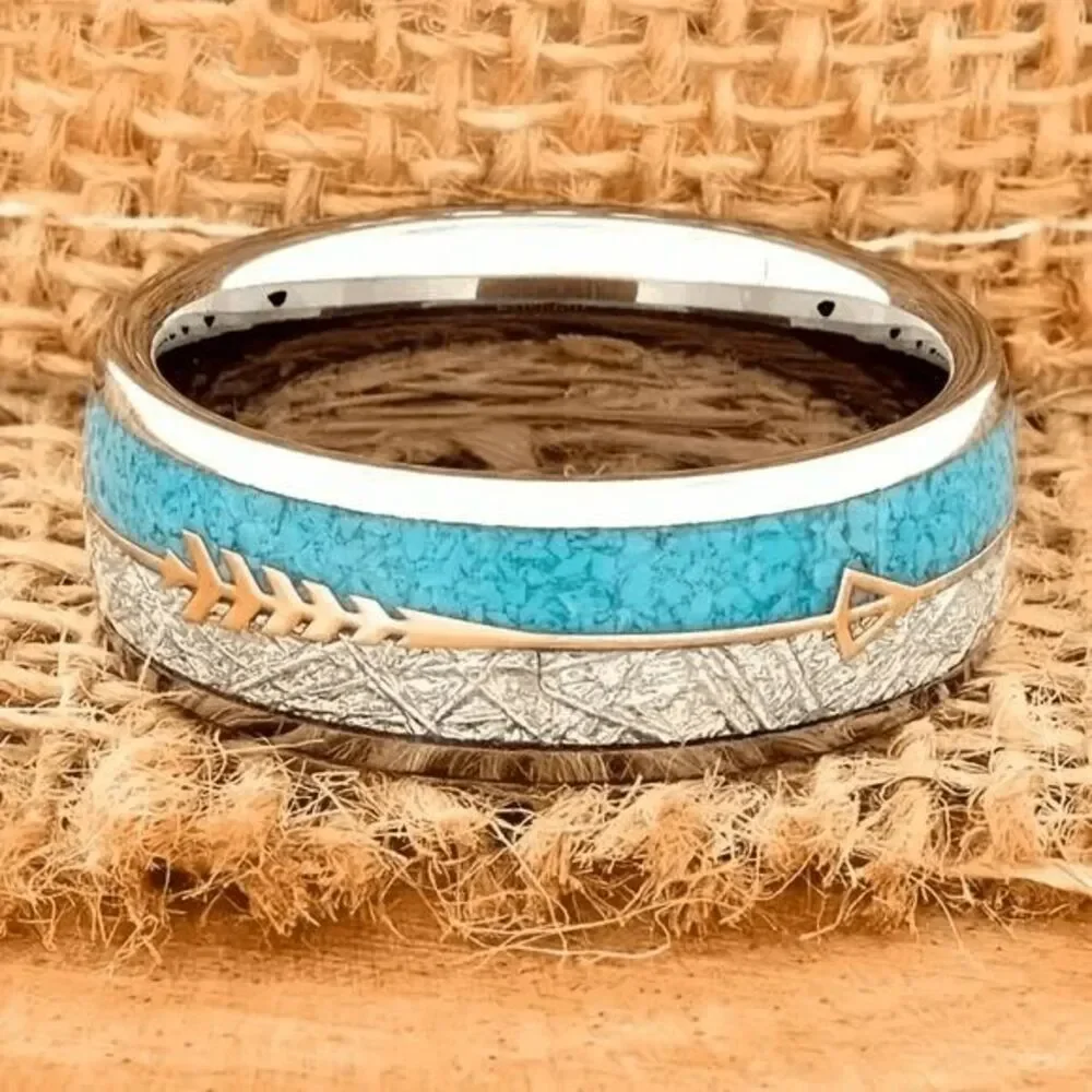 Western Arrow Turquoise Inlay Stainless Steel Wedding Mens Ring